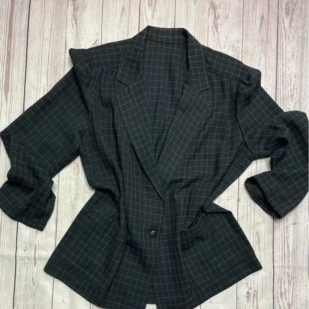 Vintage Womens Union‎ ILGWU Plaid Navy Blue Single Button Lightweight Blazer VTG